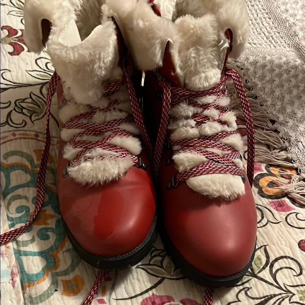 Red and White Fur-Lined Boots size 11 fits wide width